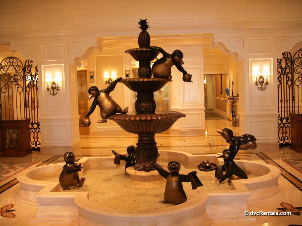 Penguin fountain inside the lobby of the DVC building at Disney’s Grand Floridian
