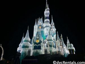 Cinderella’s Castle from Magic Kingdom decorated in Christmas lights
