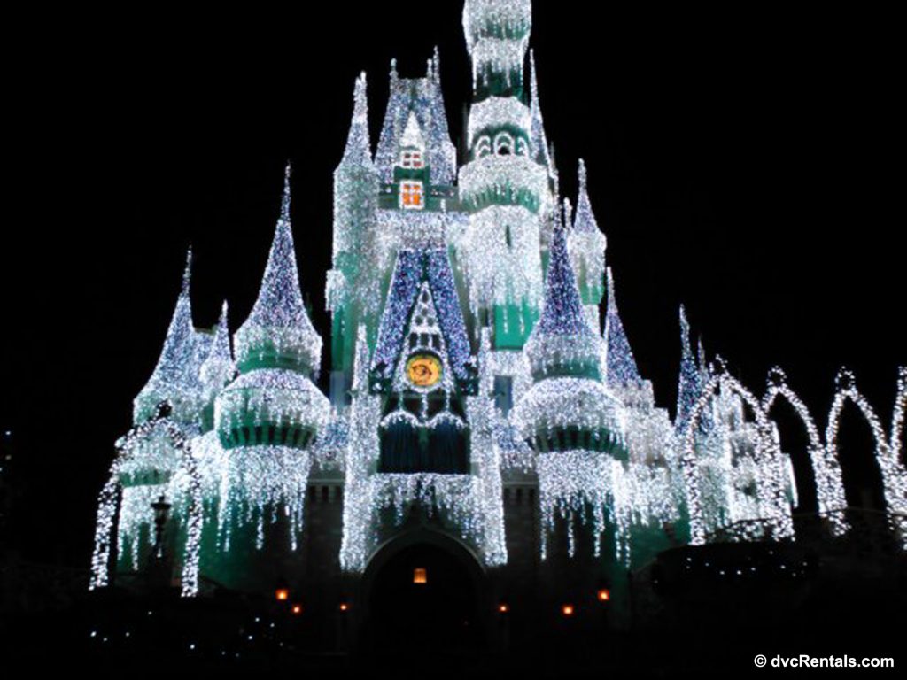 Cinderella’s Castle lit up with Christmas Lights