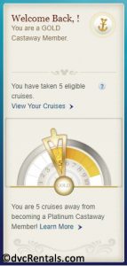 screenshot of DCL app showing Gold Castaway Club level