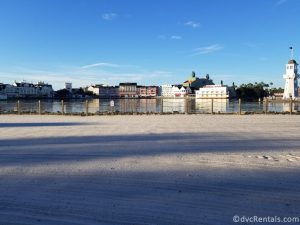 View of Disney’s Boardwalk Villas from the beach at Disney’s Beach Club Villas