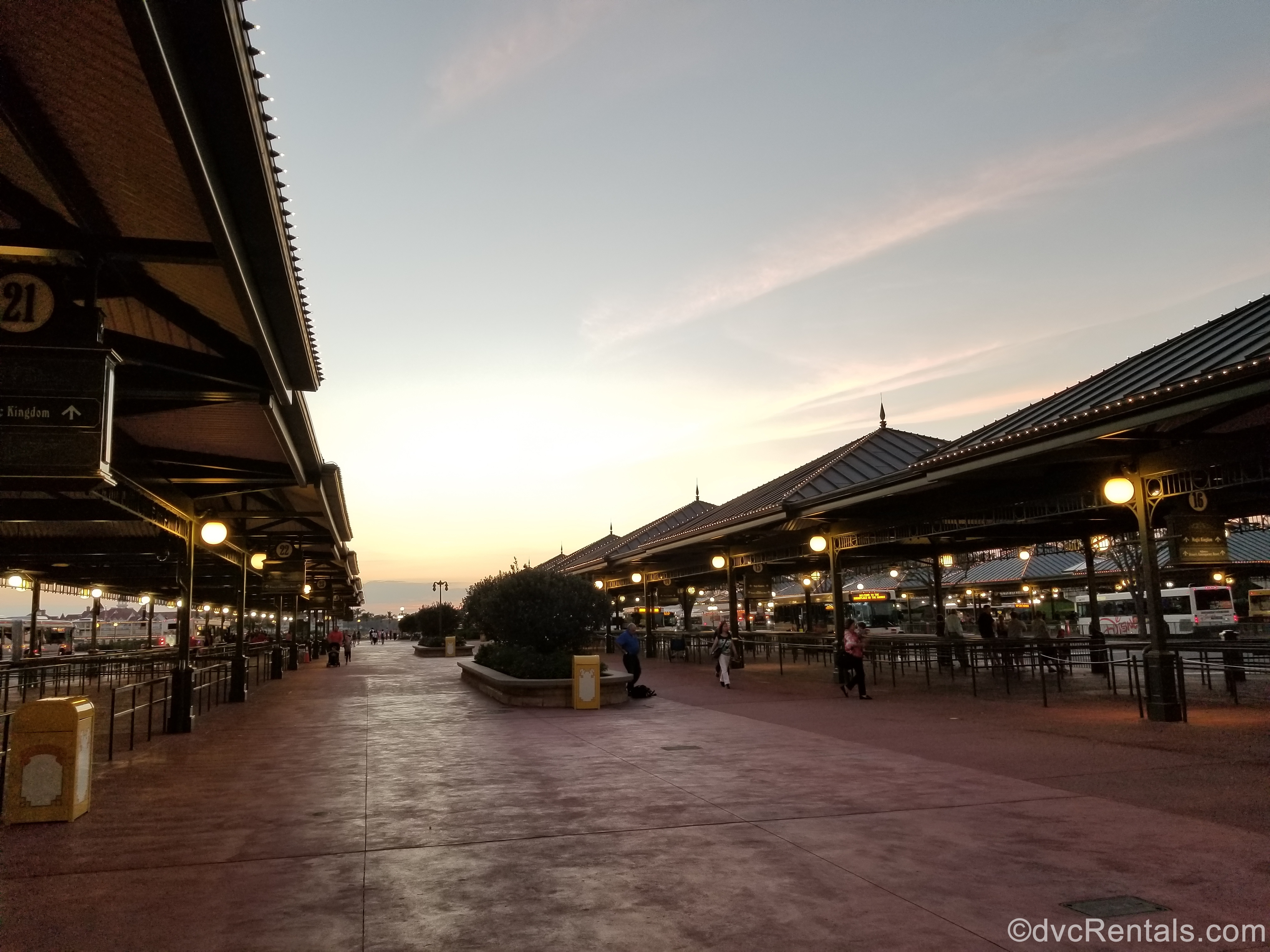 bus stops at the Magic Kingdom with the sunset in the background