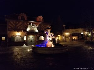 shot of the Magic Kingdom area by Gaston’s Tavern with no guests in sight