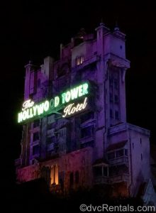 Exterior nighttime picture of the Tower of Terror