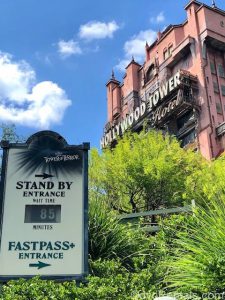 Exterior picture of the Tower of Terror with the Standby wait time showing