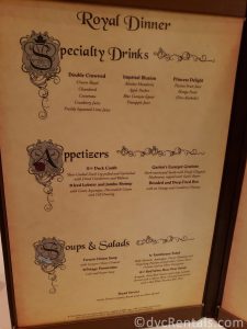 menu page 2 for the Royal Palace restaurant on the Disney Dream