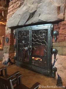 Fireplace in the lobby at Disney’s Wilderness Lodge