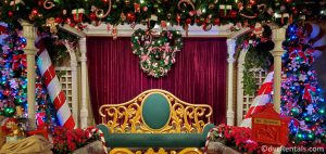 Santa’s chair in the Candy Cane Garden at Disney’s Magic Kingdom