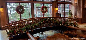Christmas decorations around the lobby at Boulder Ridge Villas and Copper Creek Villas & Cabins at Disney’s Wilderness Lodge
