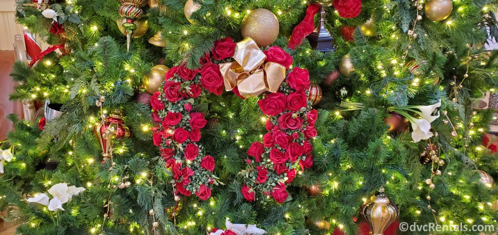 close up of Christmas decorations in the lobby of Disney’s Saratoga Springs Resort & Spa