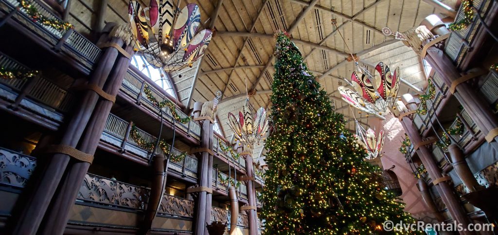 Christmas tree in the lobby of Disney’s Animal Kingdom Villas – Jambo House