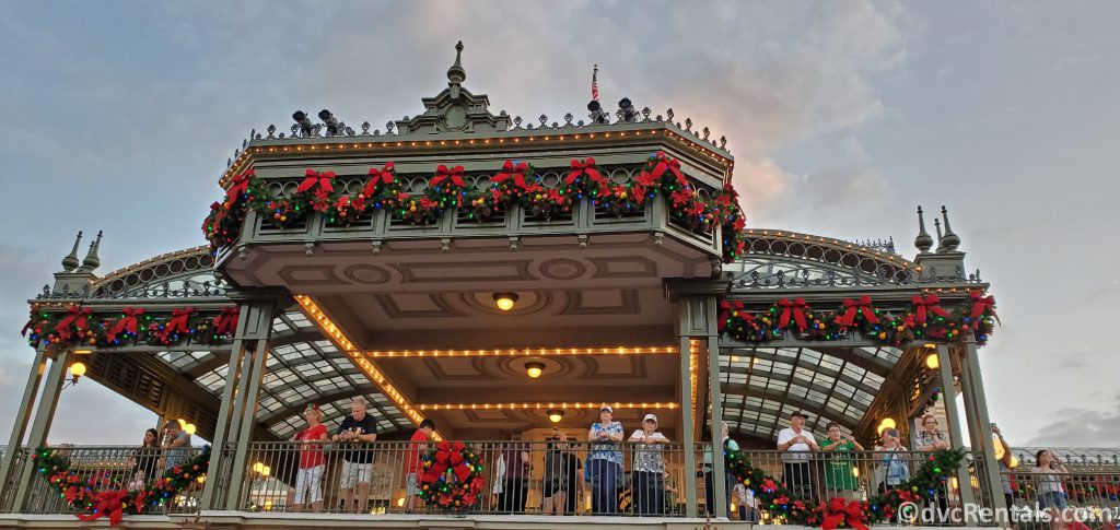 Christmas decorations on the Train Station at Disney’s Magic Kingdom