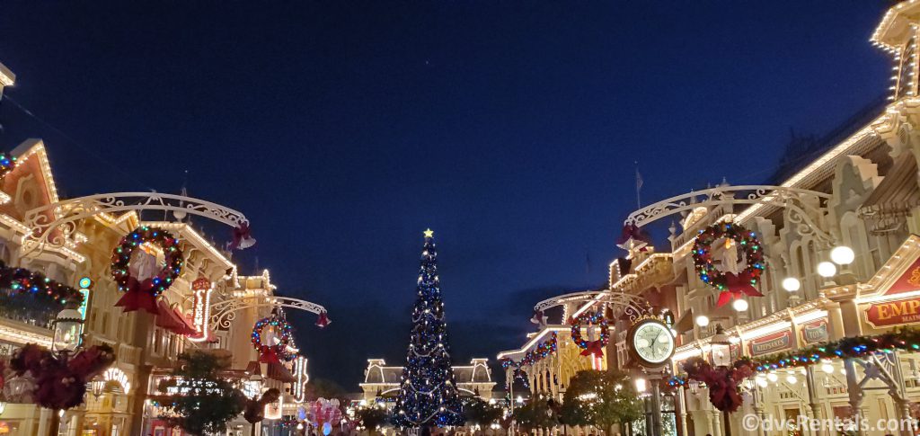 Christmas decorations on Main Street at Disney’s Magic Kingdom