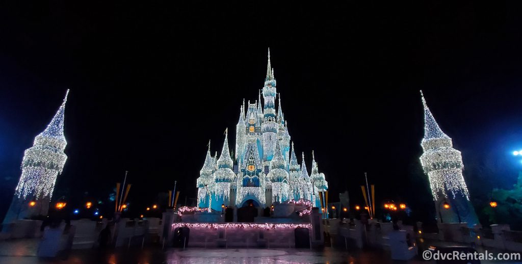 Cinderella Castle with Christmas Lights on