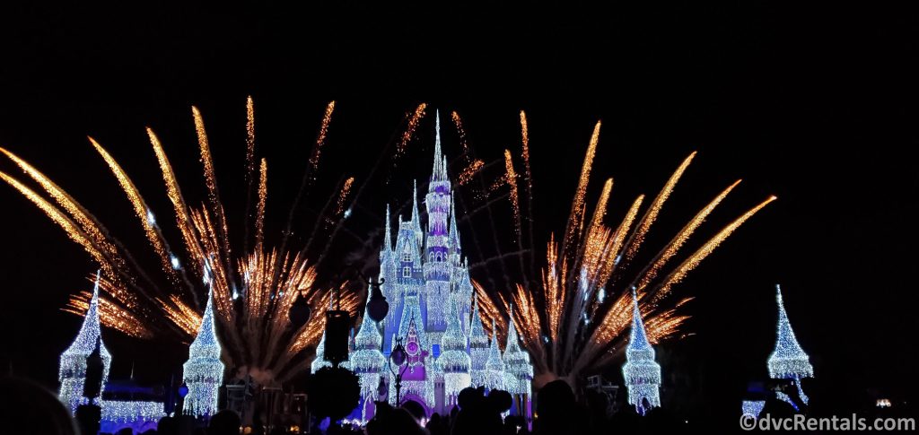 Cinderella Castle with Christmas Lights on and Fireworks in the background