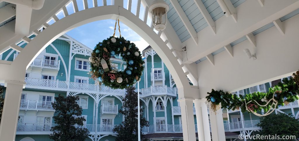 Christmas decorations by the leisure pool at Disney’s Beach Club Villas