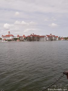 View of the Villas at Disney’s Grand Floridian from a boat on the Seven Seas Lagoon