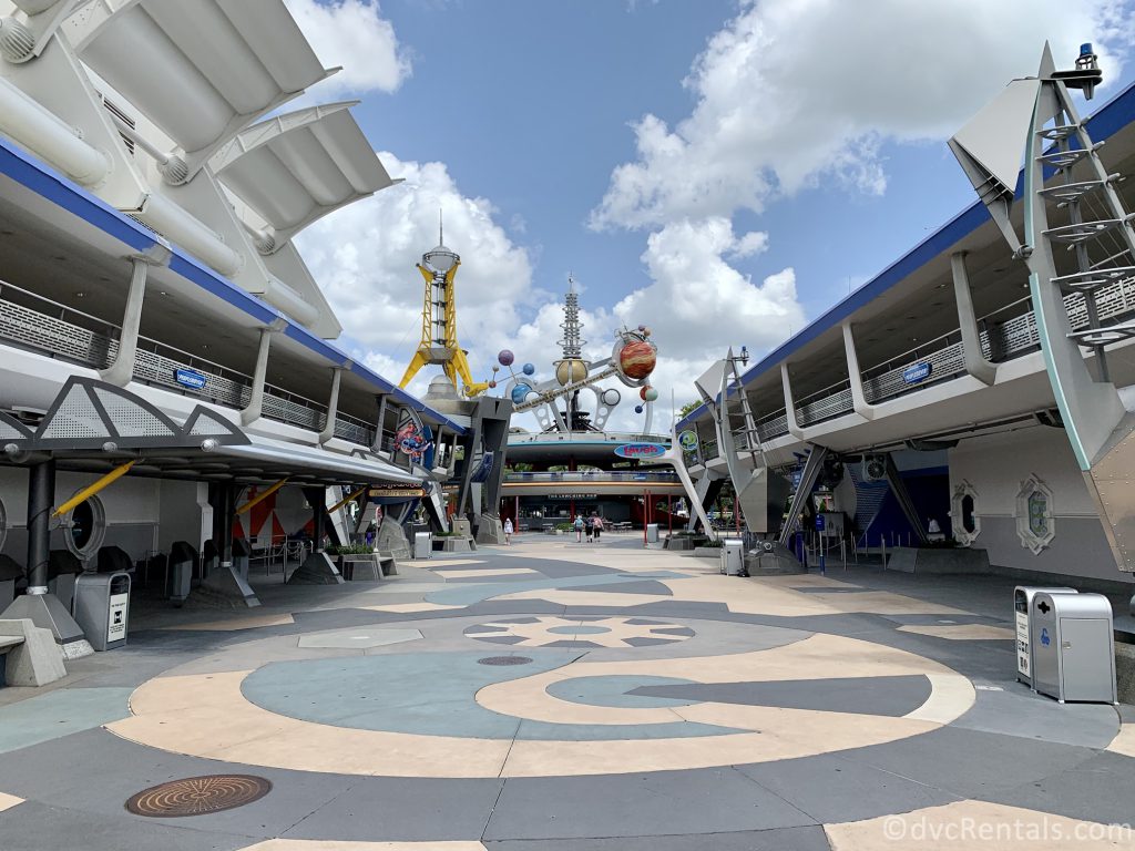 Tomorrowland walkway with shade on the sides