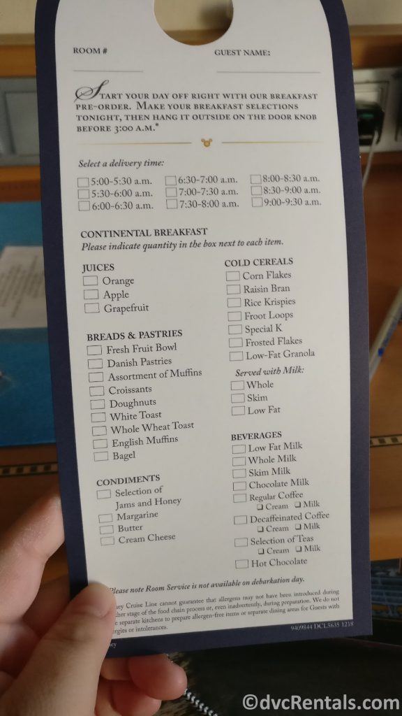 Room service menu on the Disney Dream