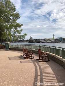 Rocking chairs at Disney’s Saratoga Springs looking out at Disney Springs