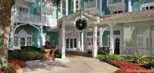 entrance to Disney’s Beach Club Villas with Christmas wreath