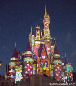 Cinderella Castle with holiday themed projections