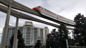 Monorail passing by Disney’s Bay Lake Tower