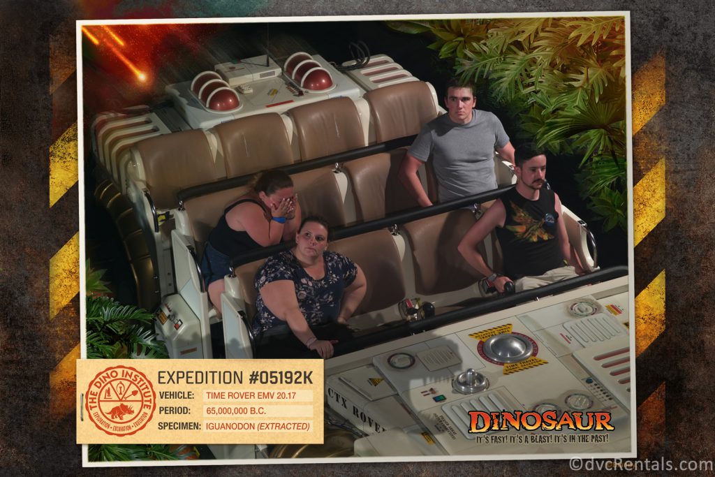 Photos of Team Member Alyssa on the Dinosaur ride and reacting to the Carnotaurus