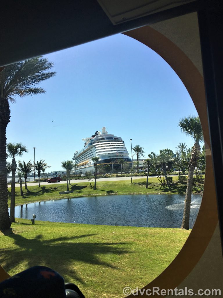 view of the Disney Dream from the bus arriving at Port Canaveral