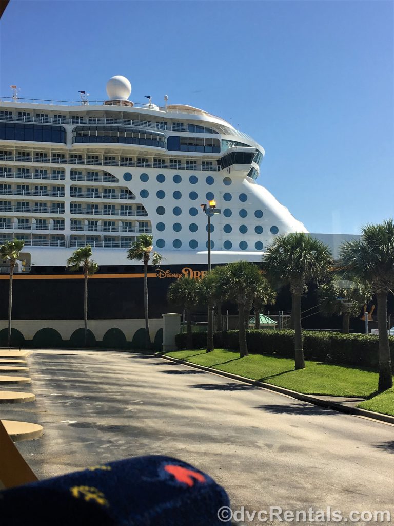 view of the Disney Dream from the bus arriving at Port Canaveral