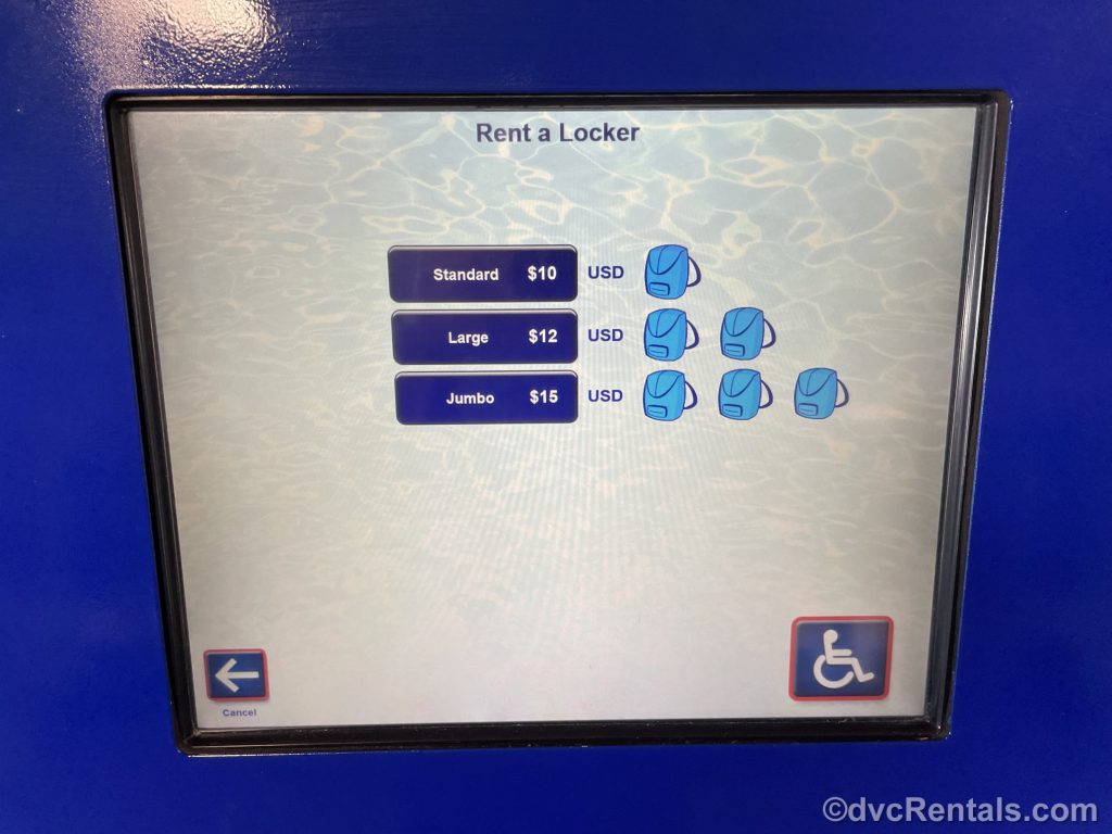 screen to select the locker size at the self-serve kiosk