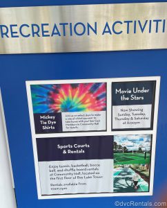 Sign for Movies Under the Stars and other resort activities at Disney’s Bay Lake Tower