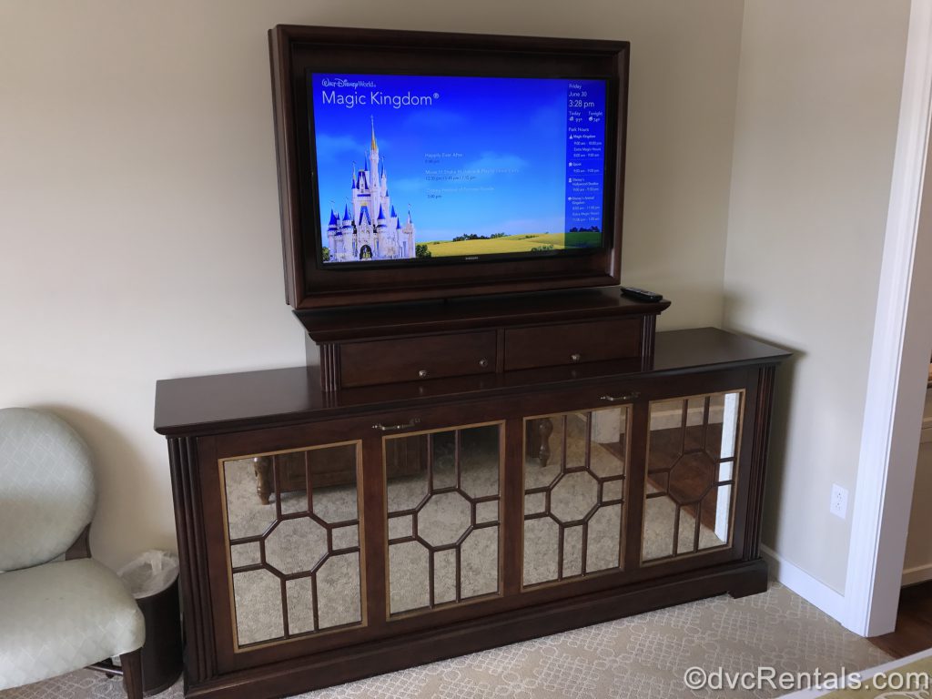 TV and stand in a studio at the Villas at Disney’s Grand Floridian Resort & Spa