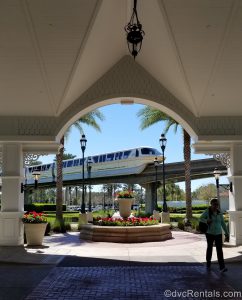 view of the monorail passing by Disney’s Grand Floridian Resort & Spa