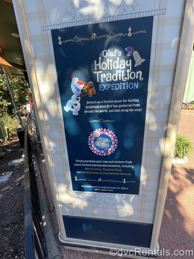 Sign for Olaf’s Holiday Tradition Expedition from the Epcot International Festival of the Holidays