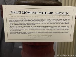 informative plague at the Hall of Presidents that shares information about Great Moments with Mr. Lincoln