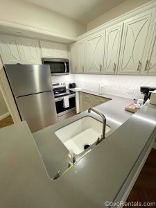 Kitchen area of the 1 bedroom villa at Disney’s Saratoga Springs Resort & Spa