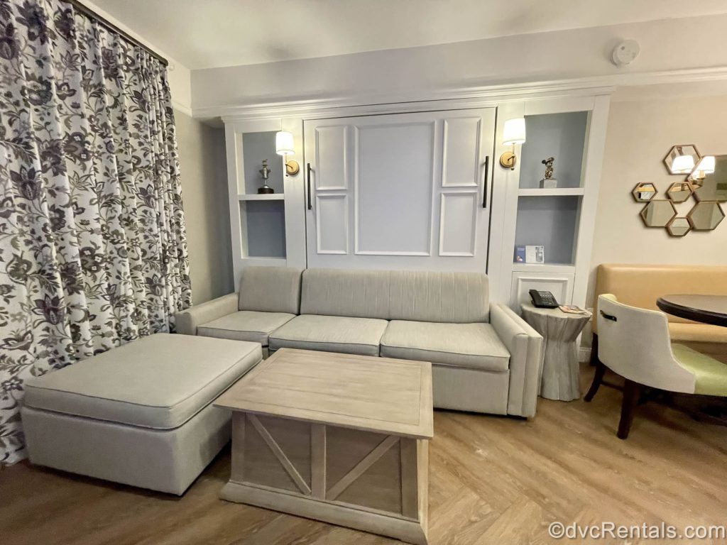 Living room area of the 1 bedroom villa at Disney’s Saratoga Springs Resort & Spa