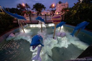 Dolphin water feature at the Sandcastle pool at Disney’s Old Key West