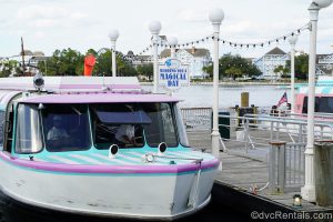 Boat transportation from Disney’s Boardwalk Villas with Disney’s Beach Club Villas in the background