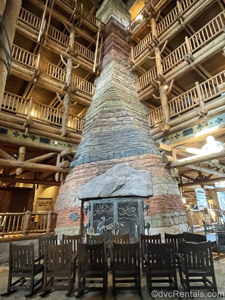 Fireplace in the lobby of Disney’s Wilderness Lodge