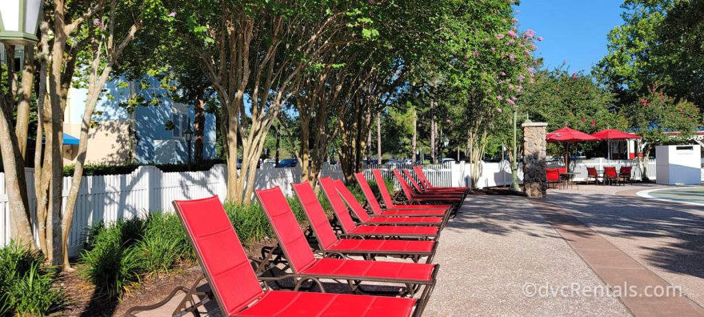 Lounge chairs at the Grandstand pool at Disney’s Saratoga Springs Resort & Spa