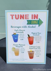 drink menu for the Tune-In Lounge