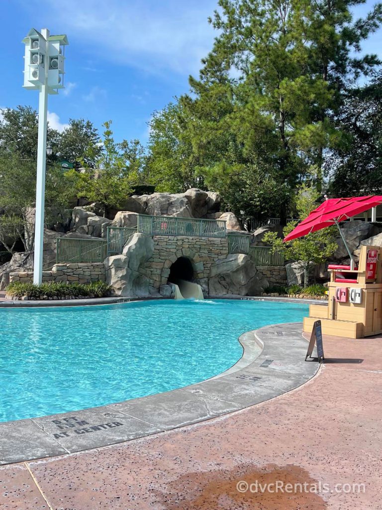 Exit from the waterslide into the High Rock Springs Pool at Disney’s Saratoga Springs Resort & Spa