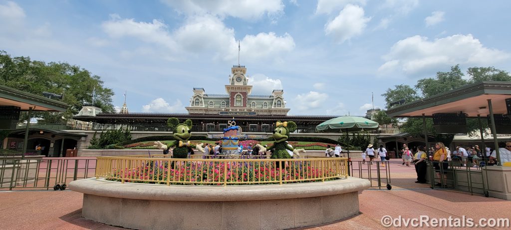 Mickey and Minnie Topiaries in front of the Magic Kingdom