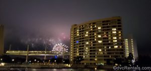 Fireworks seen from Disney’s Bay Lake Tower