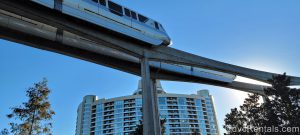 Monorail passing by Disney’s Bay Lake Tower
