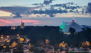 Theme park view from the balcony of a studio at Disney’s Bay Lake Tower