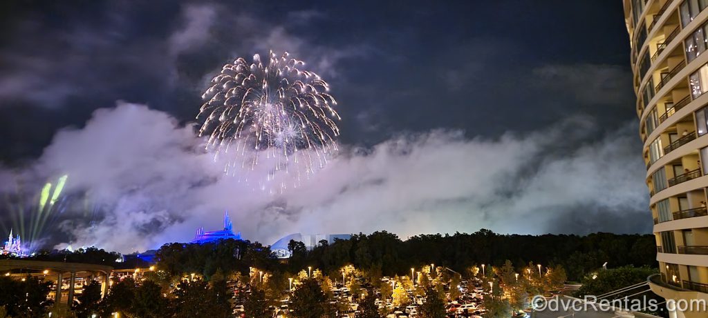 View of Magic Kingdom fireworks seen from the Sky Way Bridge at Disney’s Bay Lake Tower