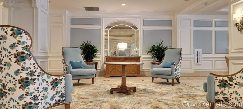 Seating area in the lobby of the Villas at Disney’s Grand Floridian Resort & Spa